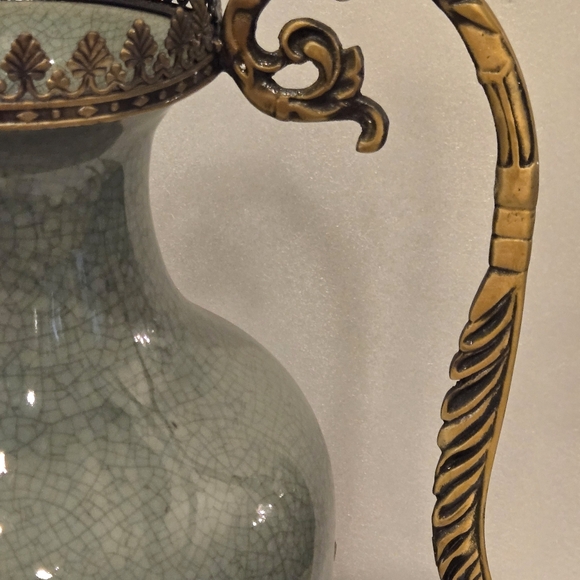 Antique Style Celadon Crackle Vase Ormolu Bronze Handles Base French Rococo 17” - Picture 6 of 11